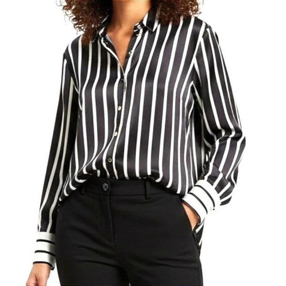 Bailey 44 | L | Women's Satin Black White Striped Long Sleeve Button Up Blouse